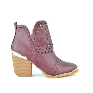Burgundy Laser Cut Chunky Heel Pointy Toe Bootie